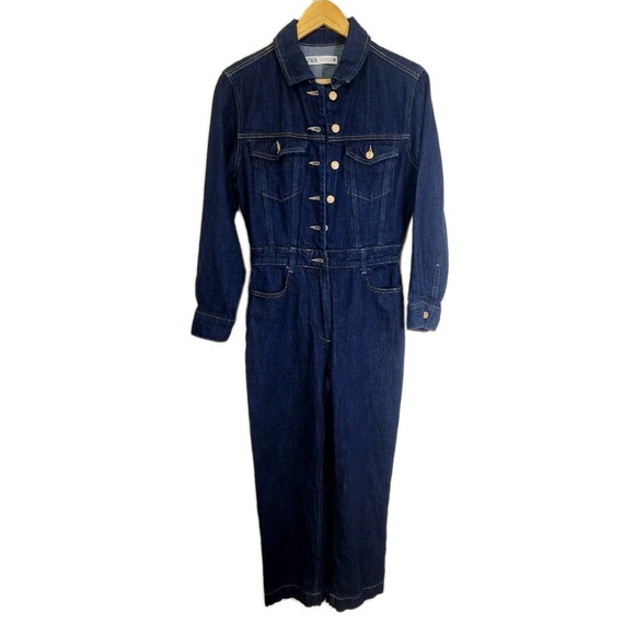 Zara Women's Denim Jumpsuit Size Medium Longsleeve Darkwash Overalls Boilersuit‎ - Picture 1 of 5